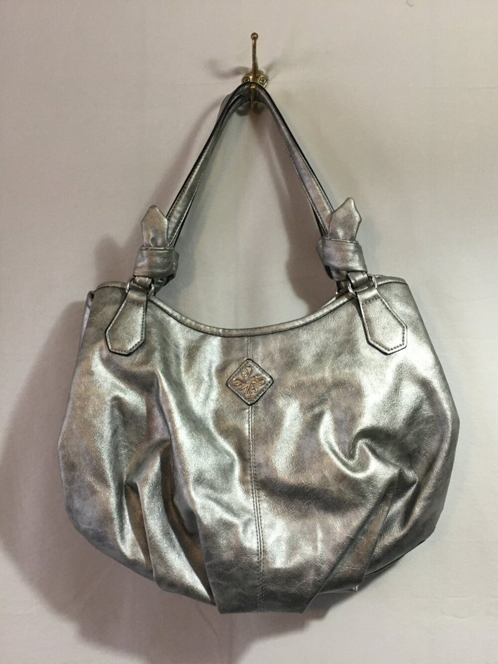 Simply Vera Vera Wang Silver Metallic Triple Compartment Pleated Tote/Hobo Bag